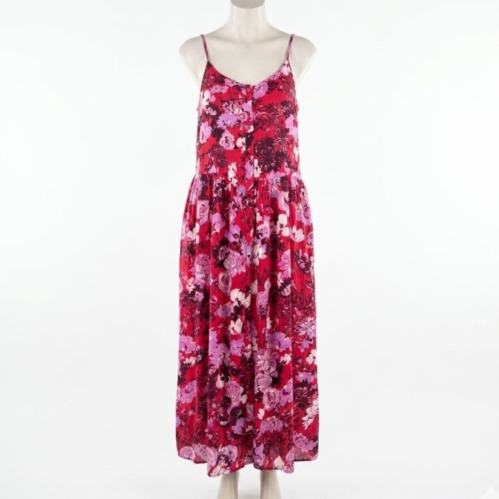 Vero Moda Midi Dress Womens S Red‎ Pink Floral Boho Button Front Crinkle Gauze